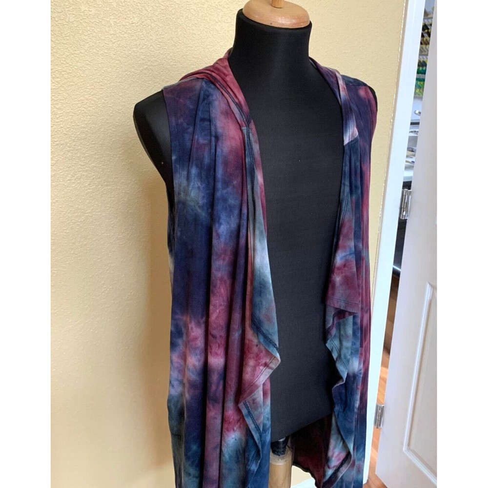 COIN 1804 Tie Dye Open Front Draped Hooded Boho Long Vest Cardigan Sz M Pockets - Picture 5 of 7